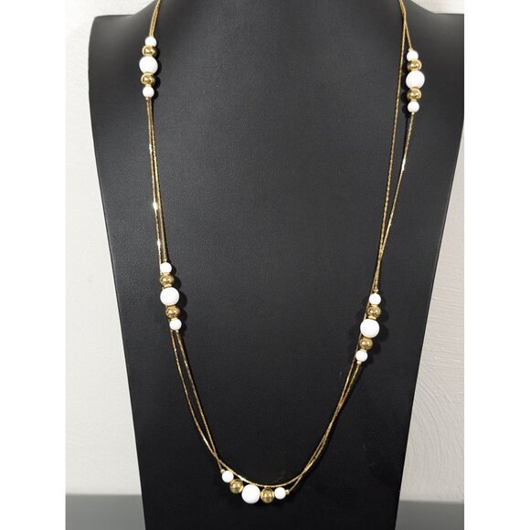 Worthington Retro White Station Bead Multi Chain Necklace Gold Tone 30" Classic - Picture 1 of 6
